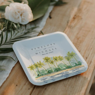 Assiettes En Carton Plage Palm Trees Tropical Watercolor Mariage