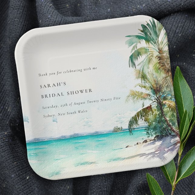 Assiettes En Carton Plage tropicale aquarelle Palm Trees Fête des mari (Créateur téléchargé)