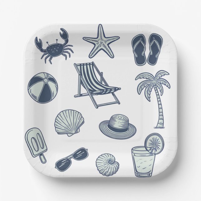 Assiettes En Carton Plage tropicale Crabe d'été Popsicle Balle de coqu (Recto)