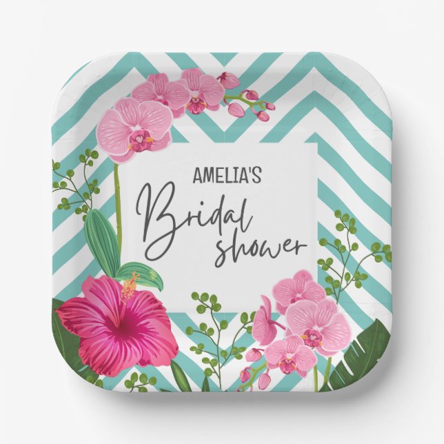 Assiettes En Carton Plage tropicale d'été fleurie Bride douche (Recto)