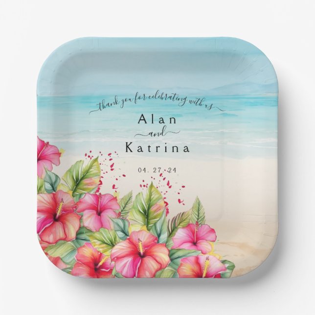 Assiettes En Carton Plage tropicale Hibiscus Plaque en papier (Recto)