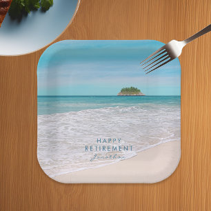 Assiettes En Carton Plage tropicale Personnalisée "Bonne retraite"