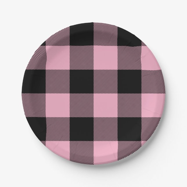 Assiettes En Carton Plaid à Buffalo rose et noir tendance (Devant)