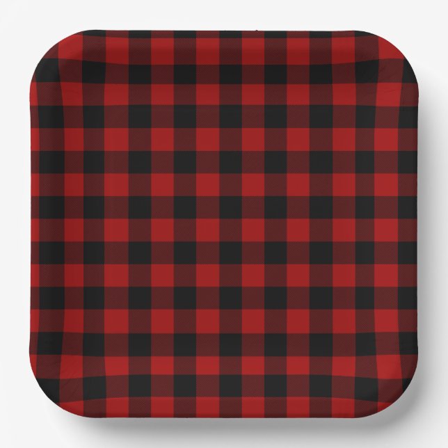 Assiettes En Carton Plaid de buffle rouge et noir (Recto)