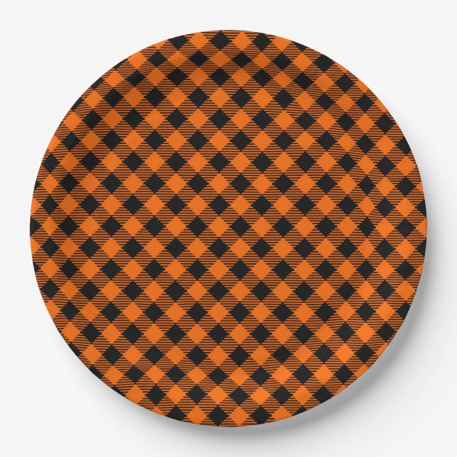 Assiettes En Carton Plaid noir et orange (Devant)