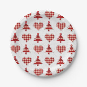 Assiettes En Carton Plaid Red Christmas Trees and Hearts Motif