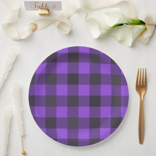 Assiettes En Carton Plaid Violet Et Noir (Mariage)