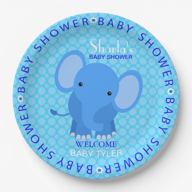 Assiettes En Carton Plaque à papier de baby shower bleu d'éléphant (Devant)