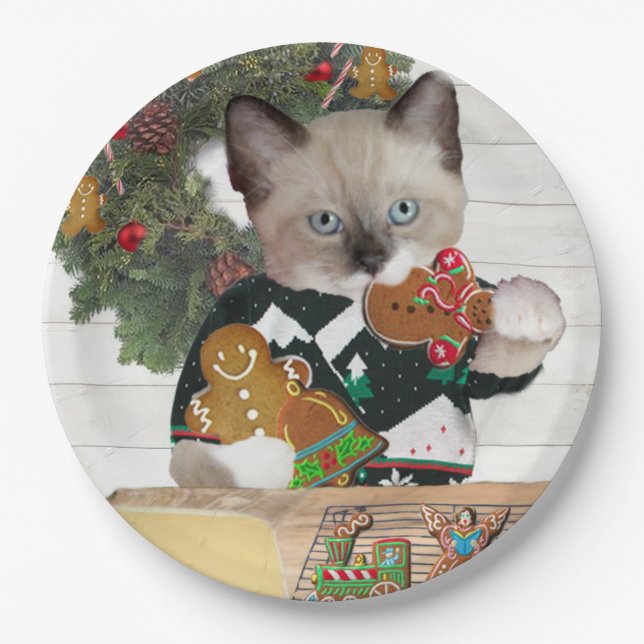 Assiettes En Carton Plaque à papier de chaton de biscuit de Noël (Devant)