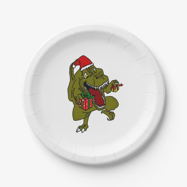 Assiettes En Carton Plaque à papier de dinosaure de Noël (Devant)