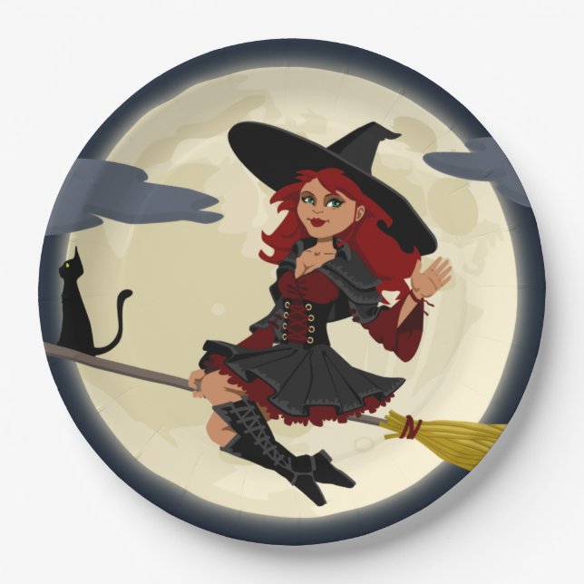 Assiettes En Carton Plaque à papier de sorcière de Halloween (Devant)