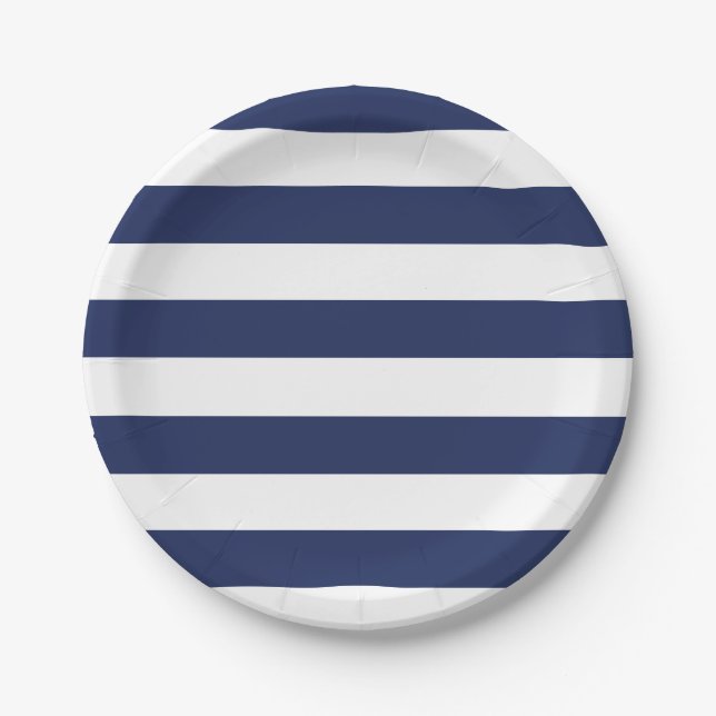 Assiettes En Carton Plaque à papier rayée bleue et blanche nautique (Devant)