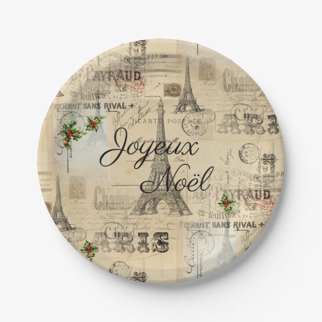 Assiettes En Carton Plaque à papier vintage de Noël de Paris Joyeux (Devant)