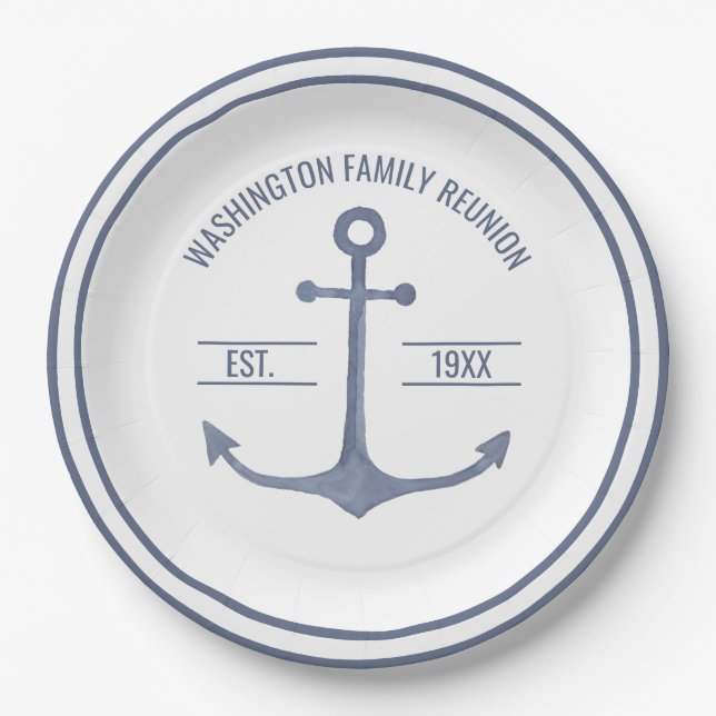 Assiettes En Carton Plaque Ancre famille Reunion bleue (Devant)