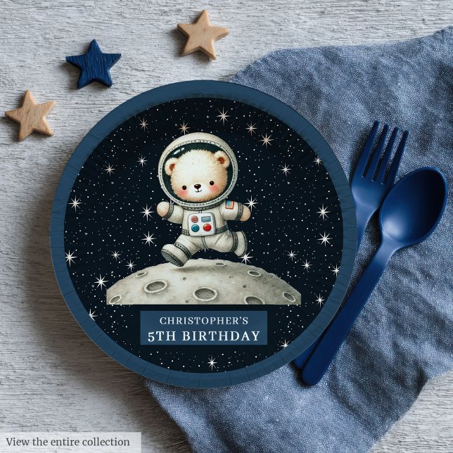 Assiettes En Carton Plaque Baby shower garçon avec l'Ours en peluche d (Boy Baby Shower Plate with Space Teddy Bear)