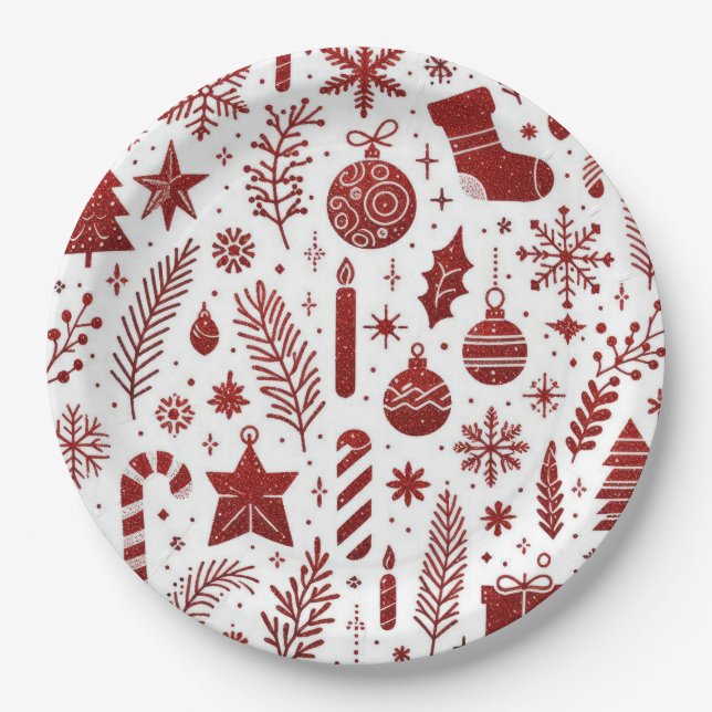 Assiettes En Carton Plaque blanche rouge de papier de Noël (Devant)