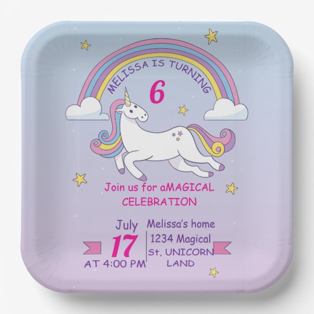 Assiettes En Carton Plaque Carré d'anniversaire Unicorn personnalisée  (Recto)