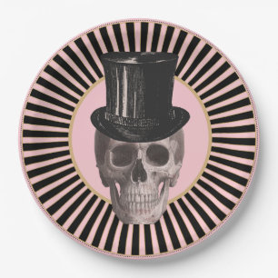 Assiettes En Carton Plaque crânienne rayée noire et rose