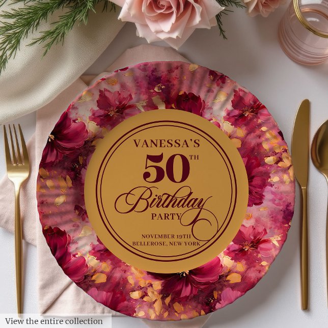 Assiettes En Carton Plaque d'anniversaire Boho Marsala Blush Gold 50e (Luxury Boho Marsala Blush Gold 50th Birthday Plate)