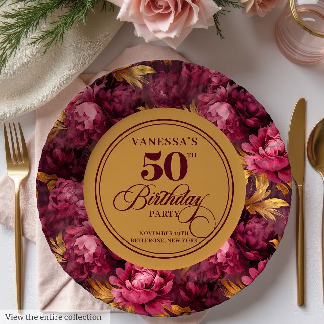 Assiettes En Carton Plaque d'anniversaire moderne Boho Maroon Blush Go (Modern Boho Maroon Blush Gold 50th Birthday Plate)