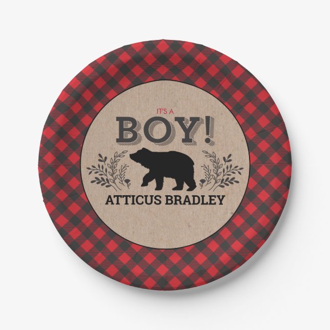 Assiettes En Carton Plaque de Baby shower d'ours de bûcheron (Devant)