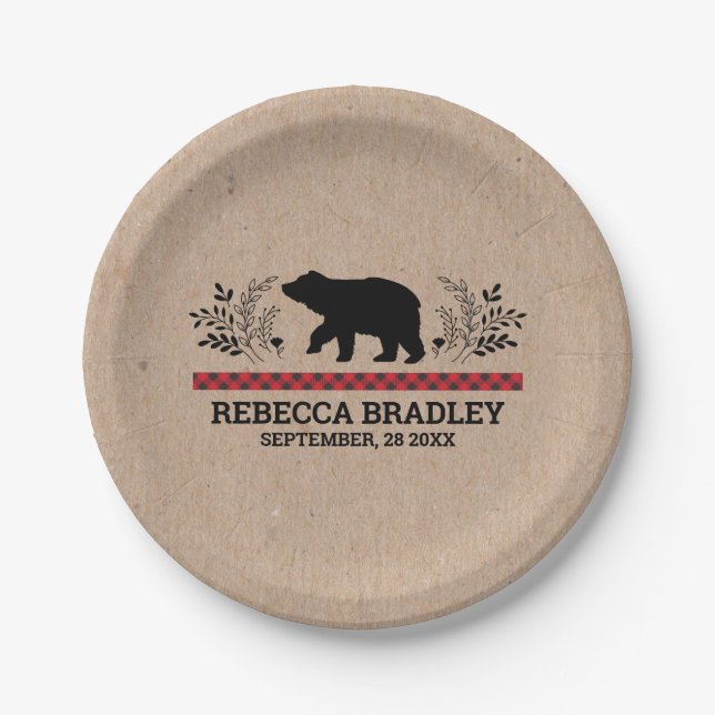 Assiettes En Carton Plaque de Baby shower d'ours Kraft Lumberjack (Devant)