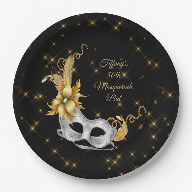 Assiettes En Carton Plaque de bal Mascarade, Plaque d'anniversaire, Or (Devant)