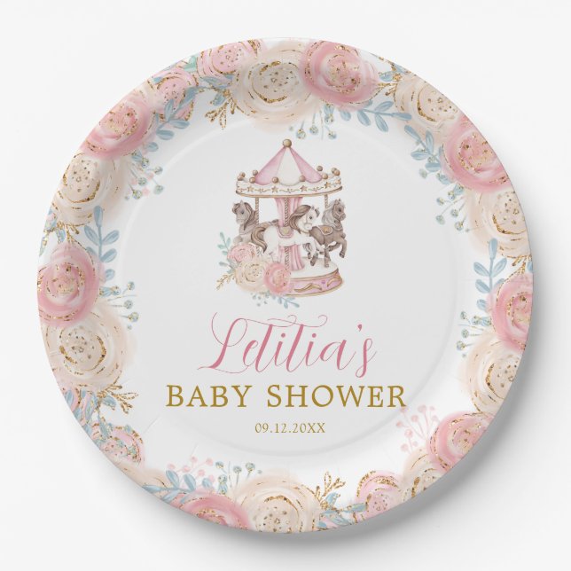 Assiettes En Carton Plaque de carrousel magique rose et or (Devant)