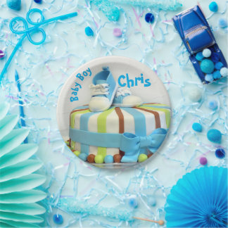 Assiettes En Carton Plaque de papier 7" Baby Boys Cake Blue Chaussures