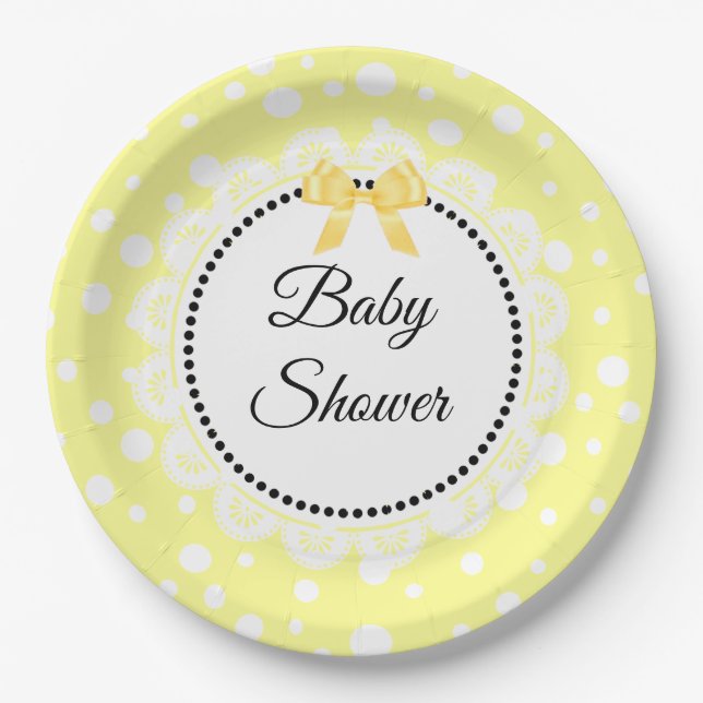 Assiettes En Carton Plaque de papier à Baby shower Polka jaune et blan (Devant)