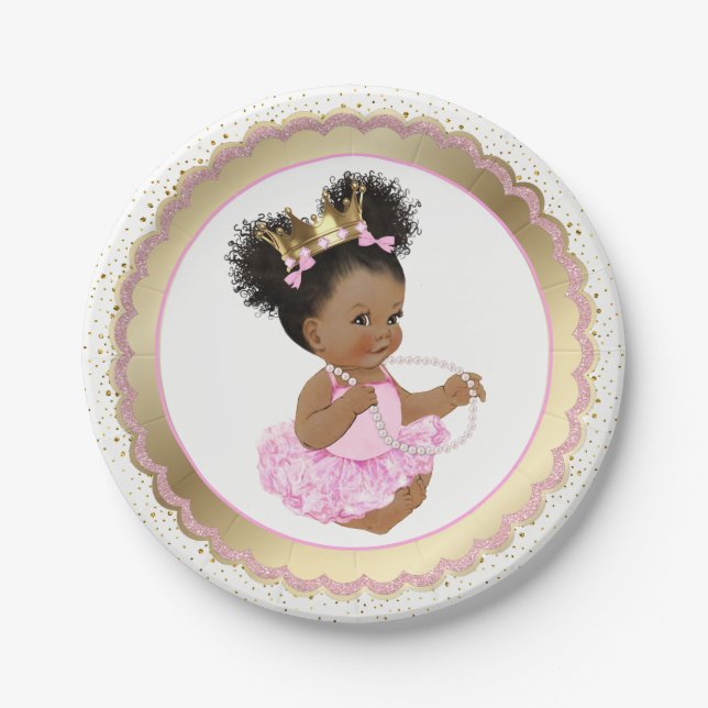 Assiettes En Carton Plaque de papier Baby shower Afro-Américaine Princ (Devant)