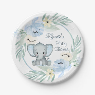 Assiettes En Carton Plaque de papier Baby shower bleu floral Éléphant