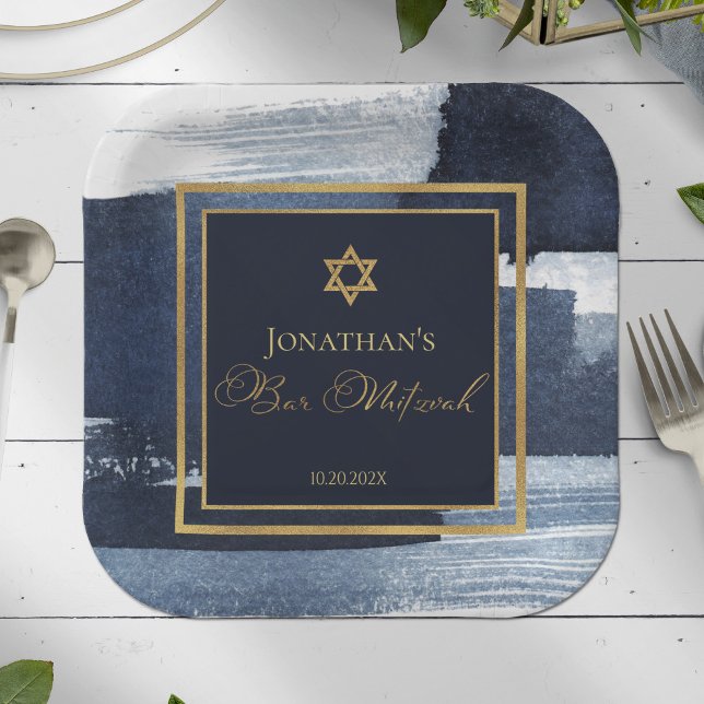 Assiettes En Carton Plaque de papier Bar Mitzvah | Aquarelle bleu Abst (Créateur téléchargé)
