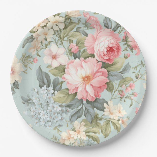 Assiettes En Carton Plaque de papier blanc rose fleuri (Devant)