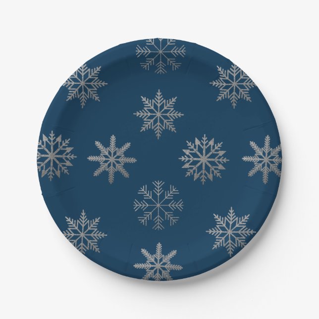 Assiettes En Carton Plaque de papier bleu Motif Silver Snowflakes (Devant)