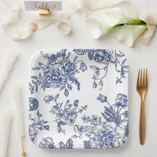 Assiettes En Carton Plaque de papier carré vintage bleu et blanc