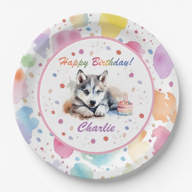 Assiettes En Carton Plaque de papier d'aquarelle sibérienne Husky (Devant)