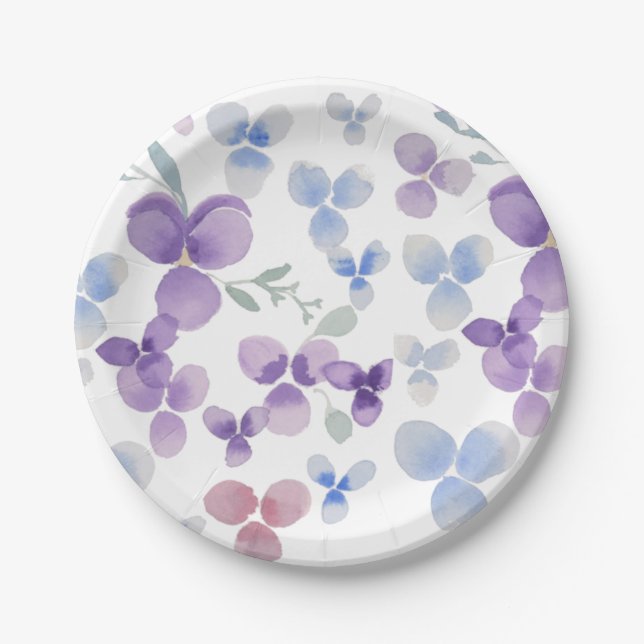Assiettes En Carton Plaque de papier d'aquarelle violet Pansies (Devant)