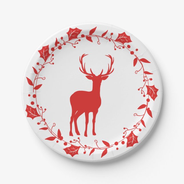Assiettes En Carton Plaque de papier de cerf de Noël rouge et blanc (Devant)