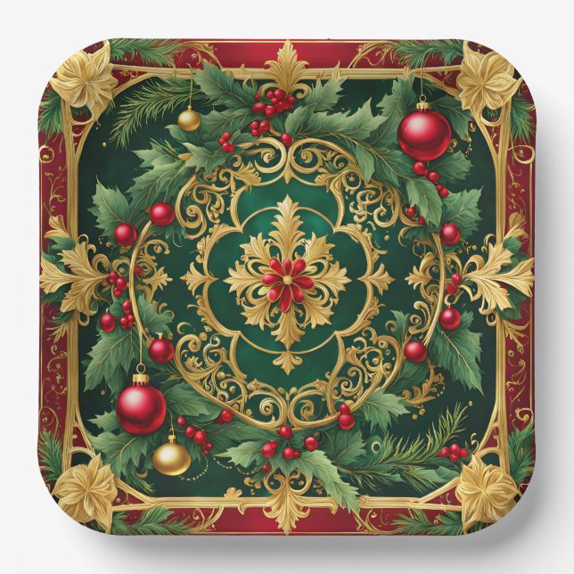 Assiettes En Carton Plaque de papier de Noël Rouge Vert Or (Recto)