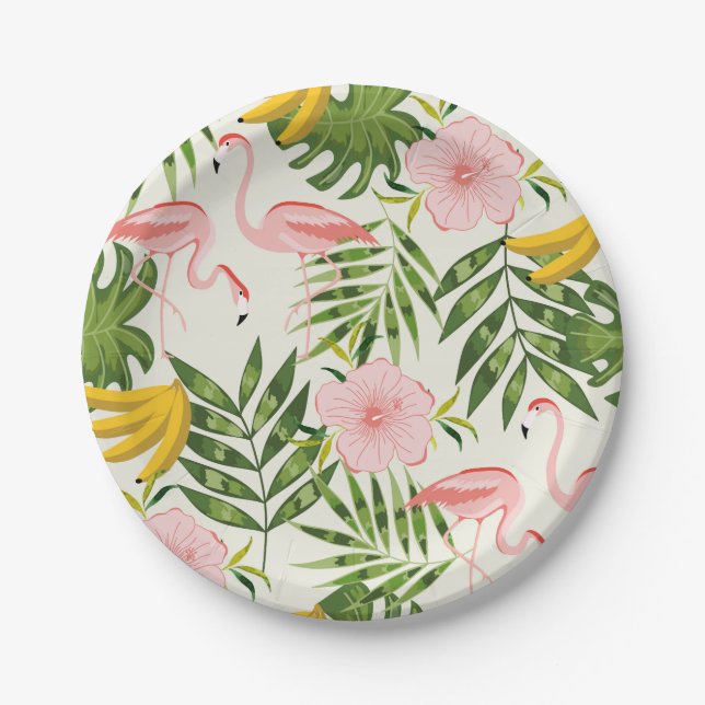 Assiettes En Carton Plaque de papier Flamant rose d'été tropicale (Devant)
