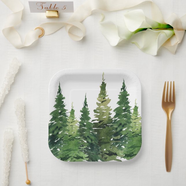 Assiettes En Carton Plaque de papier - Forêt d'aquarelle (Mariage)