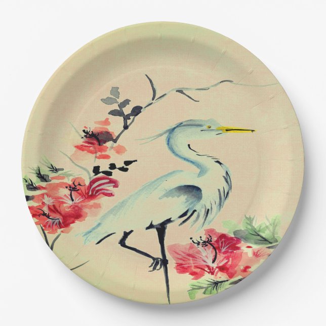 Assiettes En Carton Plaque de papier grue asiatique fleur ivoire rose (Devant)