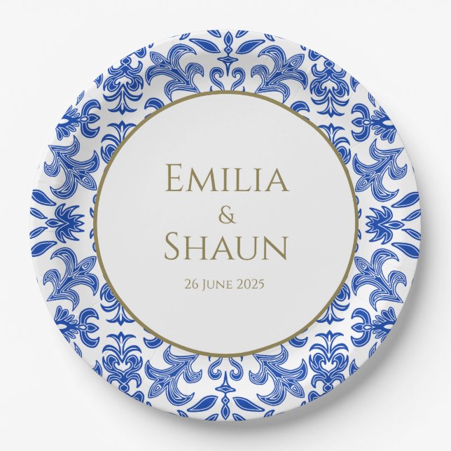 Assiettes En Carton Plaque de papier Mariage bleu italien traditionnel (Devant)