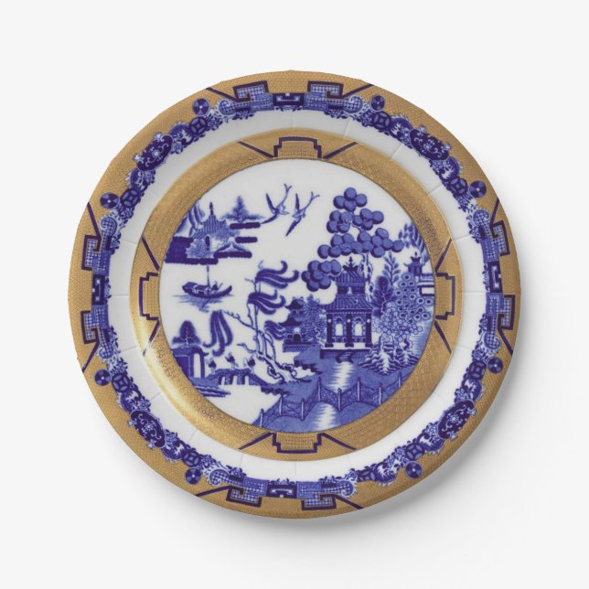 Assiettes En Carton Plaque de papier Motif bleu et or Willow (Devant)