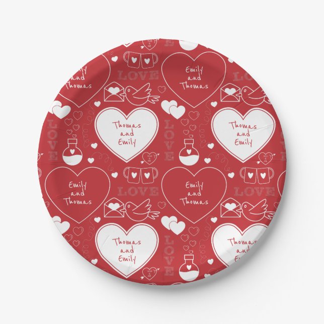 Assiettes En Carton Plaque de papier Motif Valentine - Blanc sur rouge (Devant)