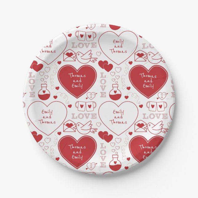 Assiettes En Carton Plaque de papier Motif Valentine - Rouge sur blanc (Devant)