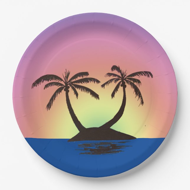 Assiettes En Carton Plaque de papier - Palm Island au coucher du solei (Devant)