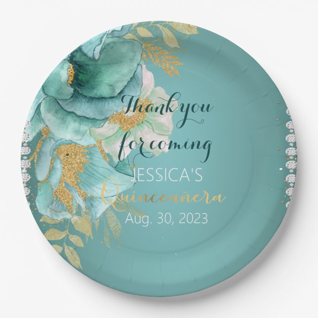 Assiettes En Carton Plaque de papier personnalisée Quinceanera Turquoi (Devant)