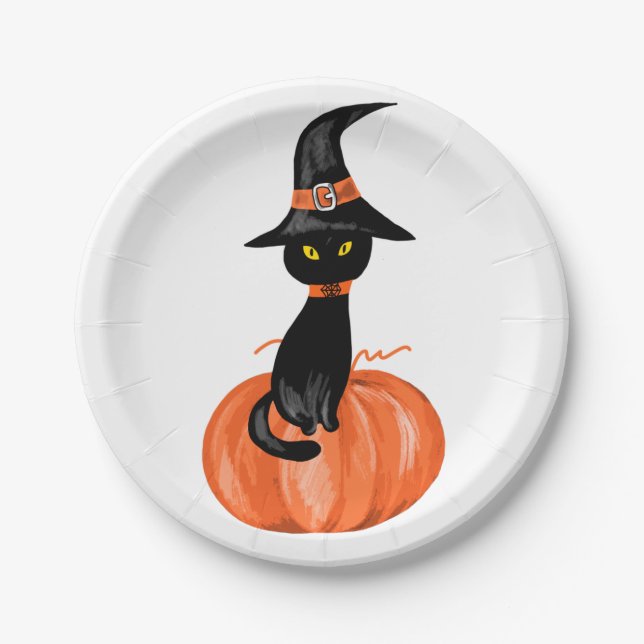 Assiettes En Carton Plaque de papier pour chat noir Halloween (Devant)
